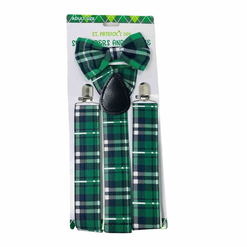St. Patrick’s Day Matching Suspenders And Bowtie Set Green Blue Adult Size
